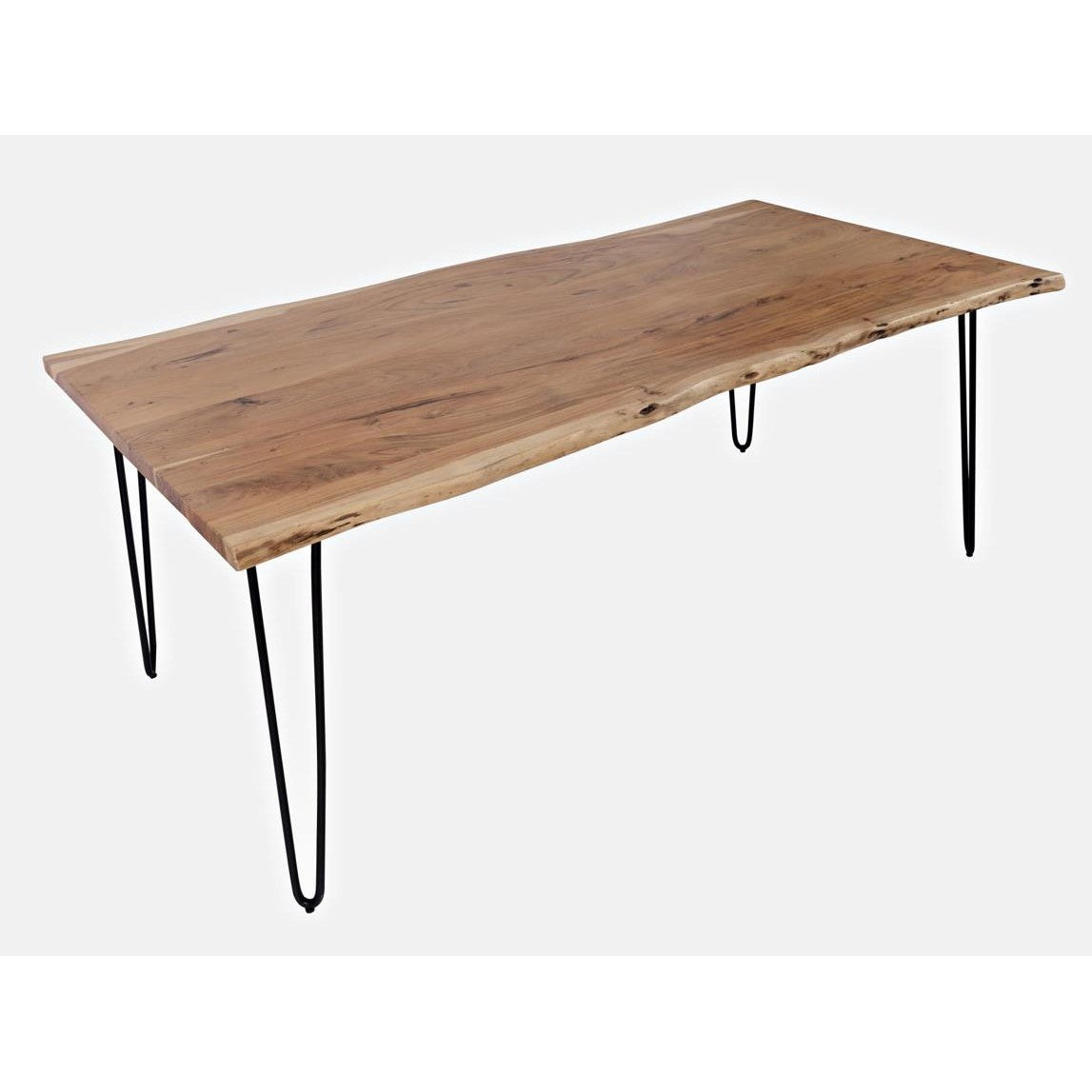 Wooden table with a natural edge and metal hairpin legs.