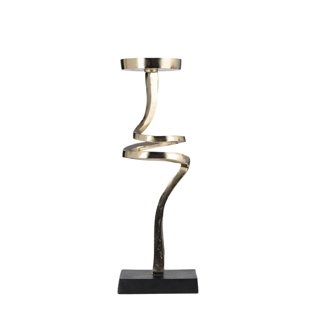 Modern spiral gold candle holder on a black base.