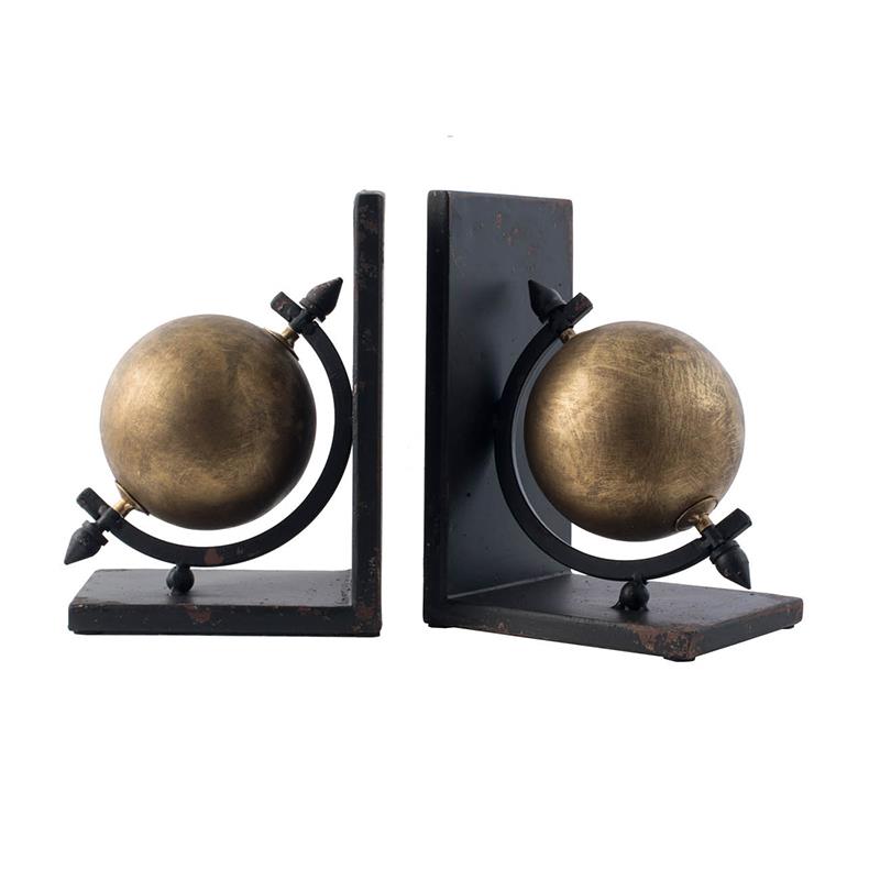 Two metal bookends with golden spheres.