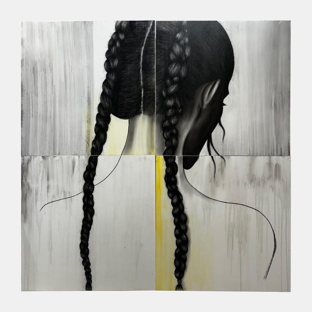 Woman with braided hair, split portrait, grayscale with yellow accents.