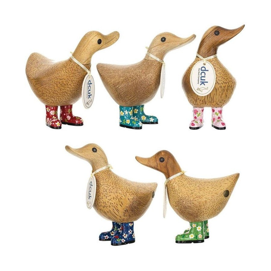 Wooden ducks in colorful rain boots and tags.