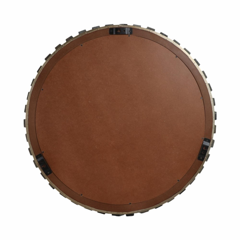 Brown circular tabletop with metal brackets on a white background.