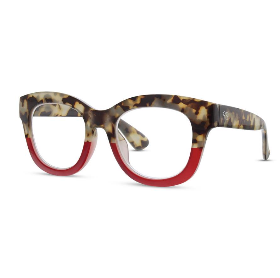 Bold tortoiseshell eyeglasses with red bottom accents.