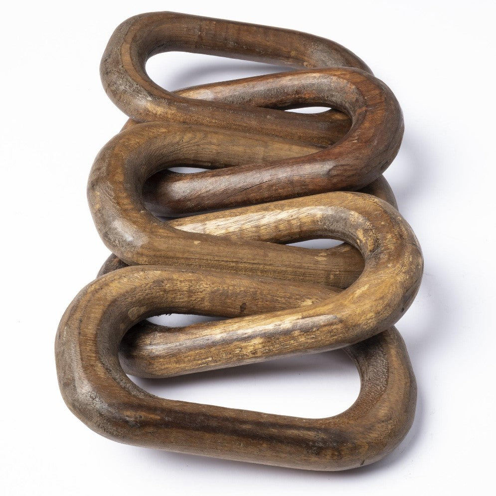 Four linked wooden chains on a white background.