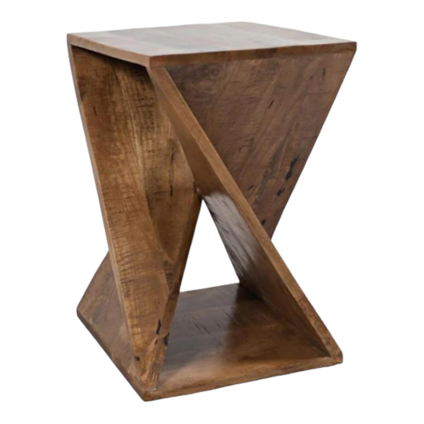 Wooden table with a twisted, geometric design.