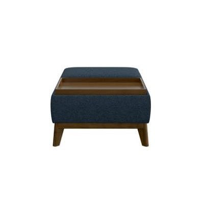 Blue ottoman with wooden tray and legs, minimalist design.