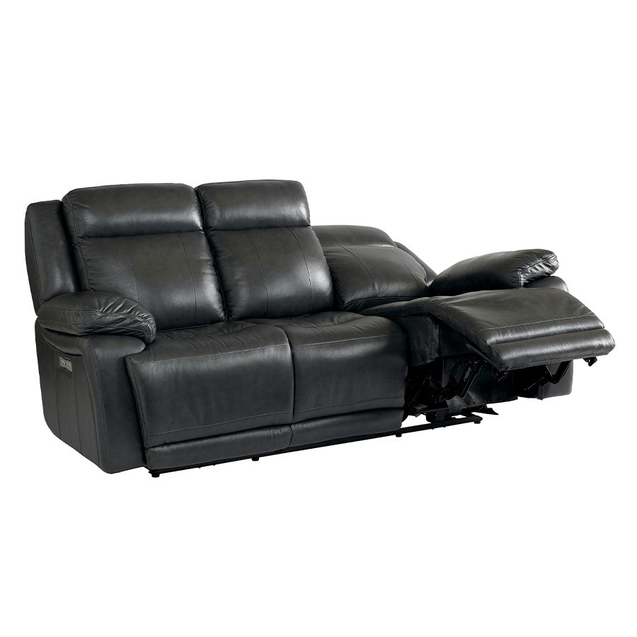 Dark leather recliner sofa with one reclined seat.