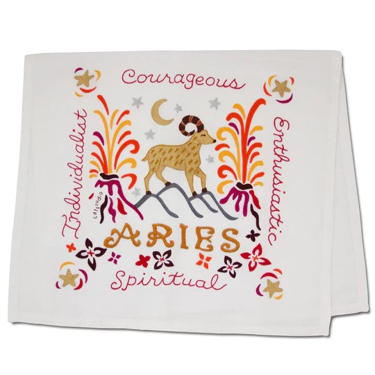 Aries-themed design with ram illustration and traits on cloth.