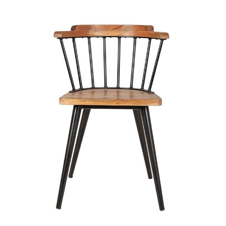 Wooden chair with metal legs and spindles, simple and modern design.