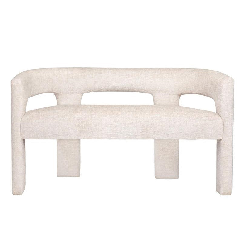 Modern cream upholstered bench with arched backrest and sturdy legs.