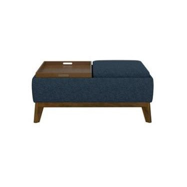 Blue ottoman with wooden tray and legs.