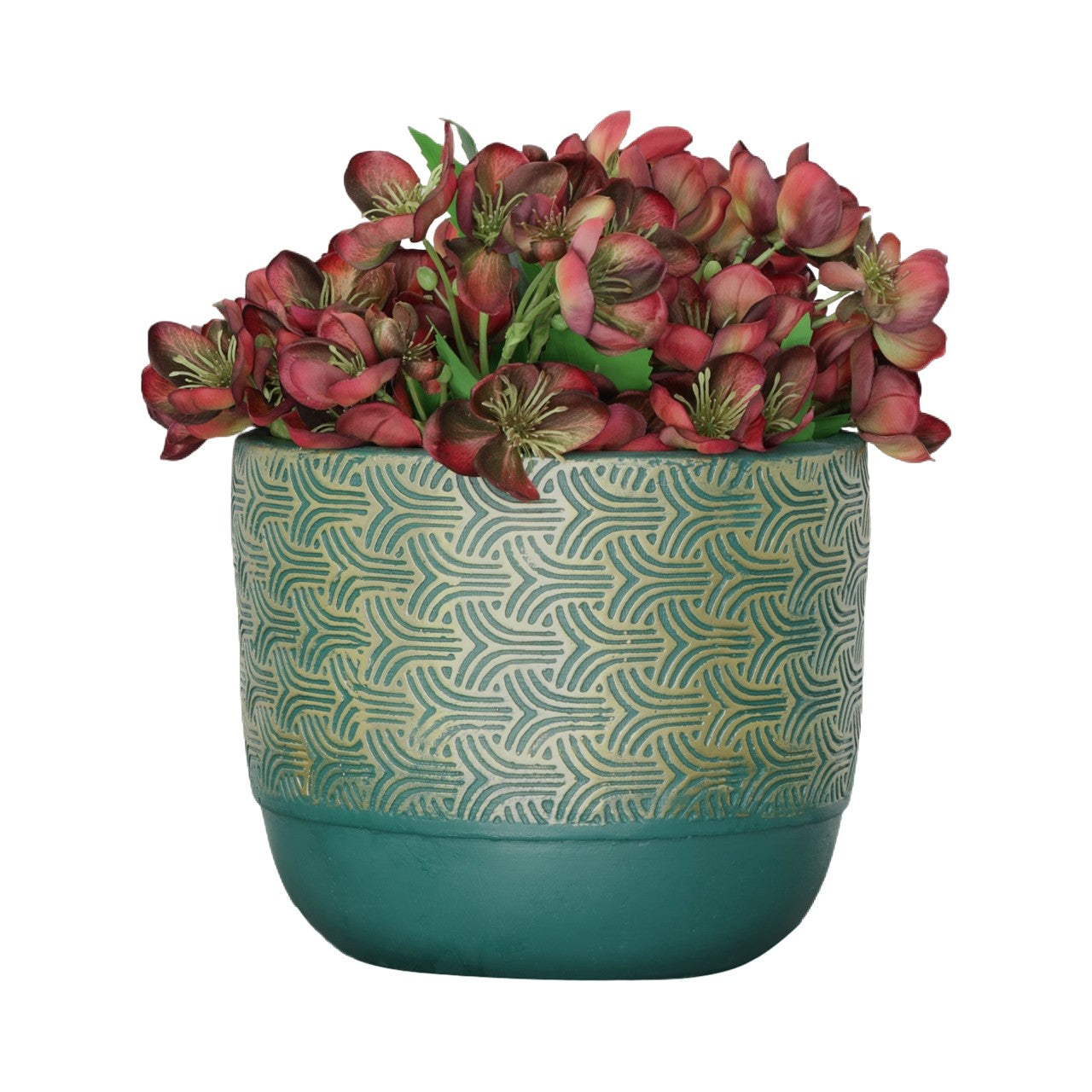 Green-patterned pot with red flowers.