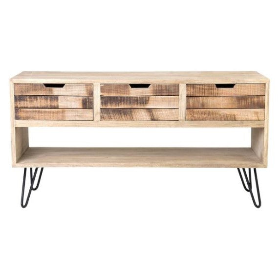 Wooden sideboard with three drawers and metal hairpin legs.