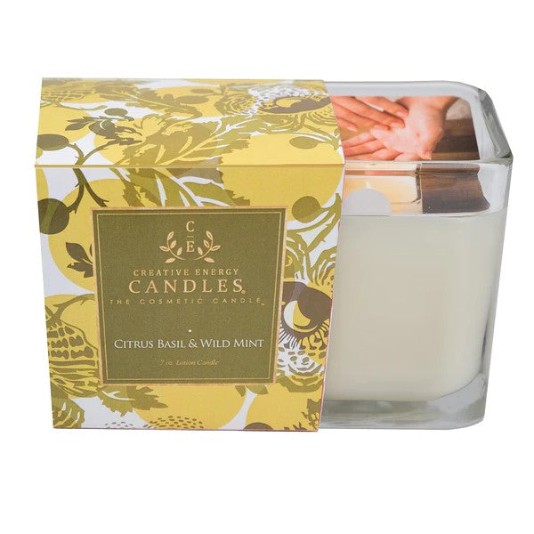 Square candle with yellow floral box, labeled 'Citrus Basil & Wild Mint'.