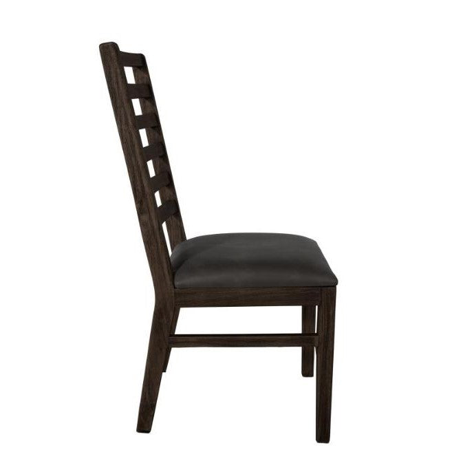 Dark wooden chair with ladder-back and cushioned seat, viewed from the back.