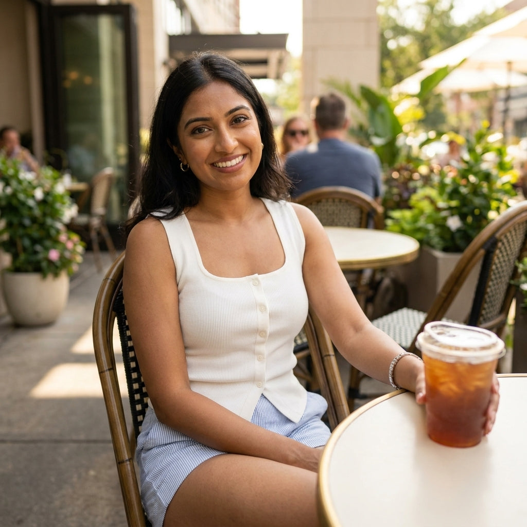 A woman smiling at an outdoor café, holding a cold drink.