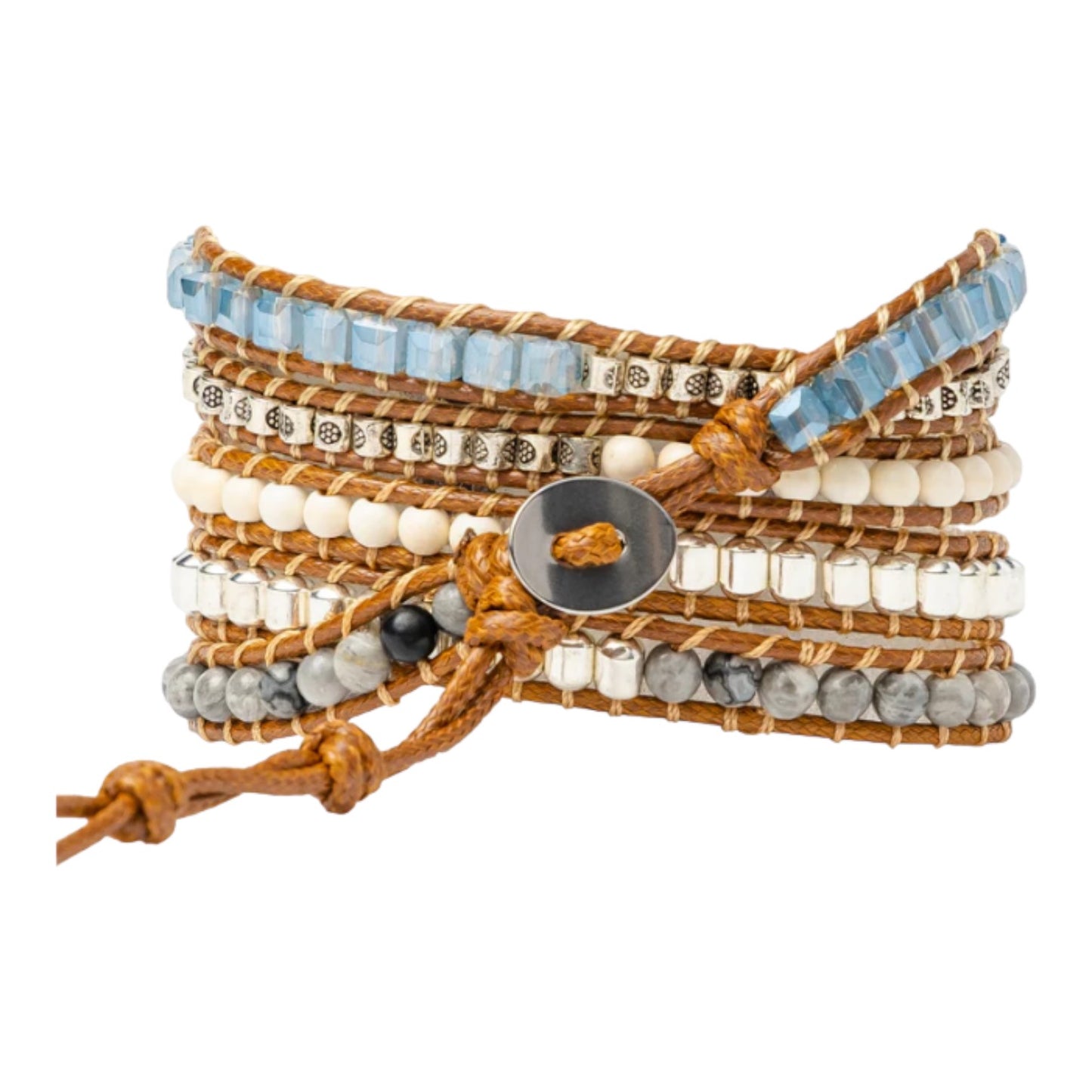 Bohemian style layered bracelet with beads and leather wrap.
