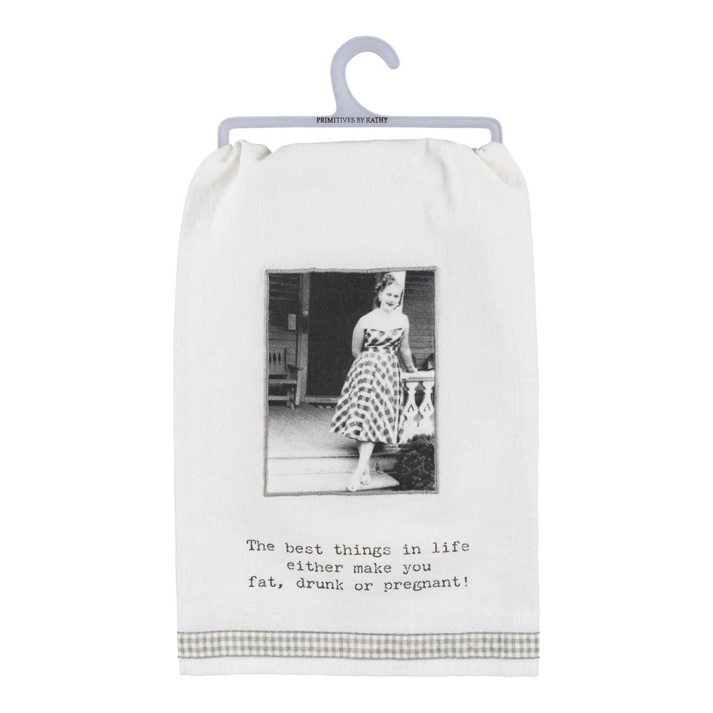 Vintage photo towel with humorous quote about life's indulgences.
