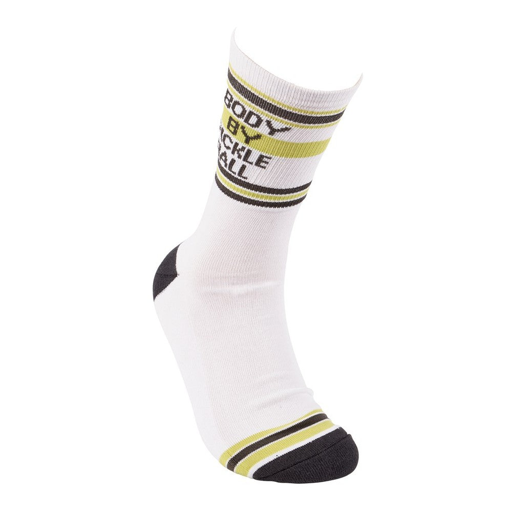 White sock with black and yellow stripes, "BODY BY PICKLEBALL" text.