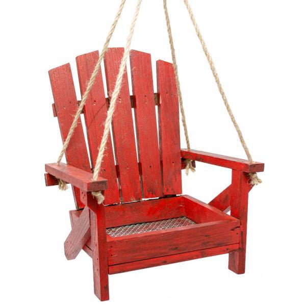 Red wooden swing chair with rope support.