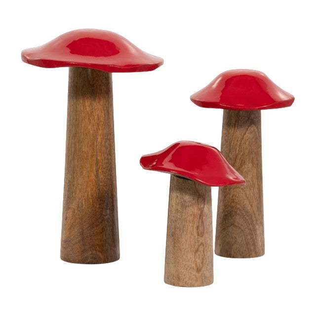 Three decorative wooden mushrooms with red caps.