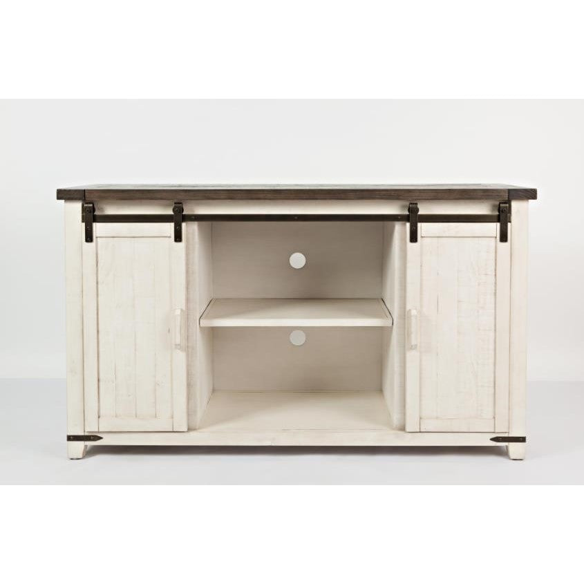 White wooden cabinet with two sliding doors and shelves.