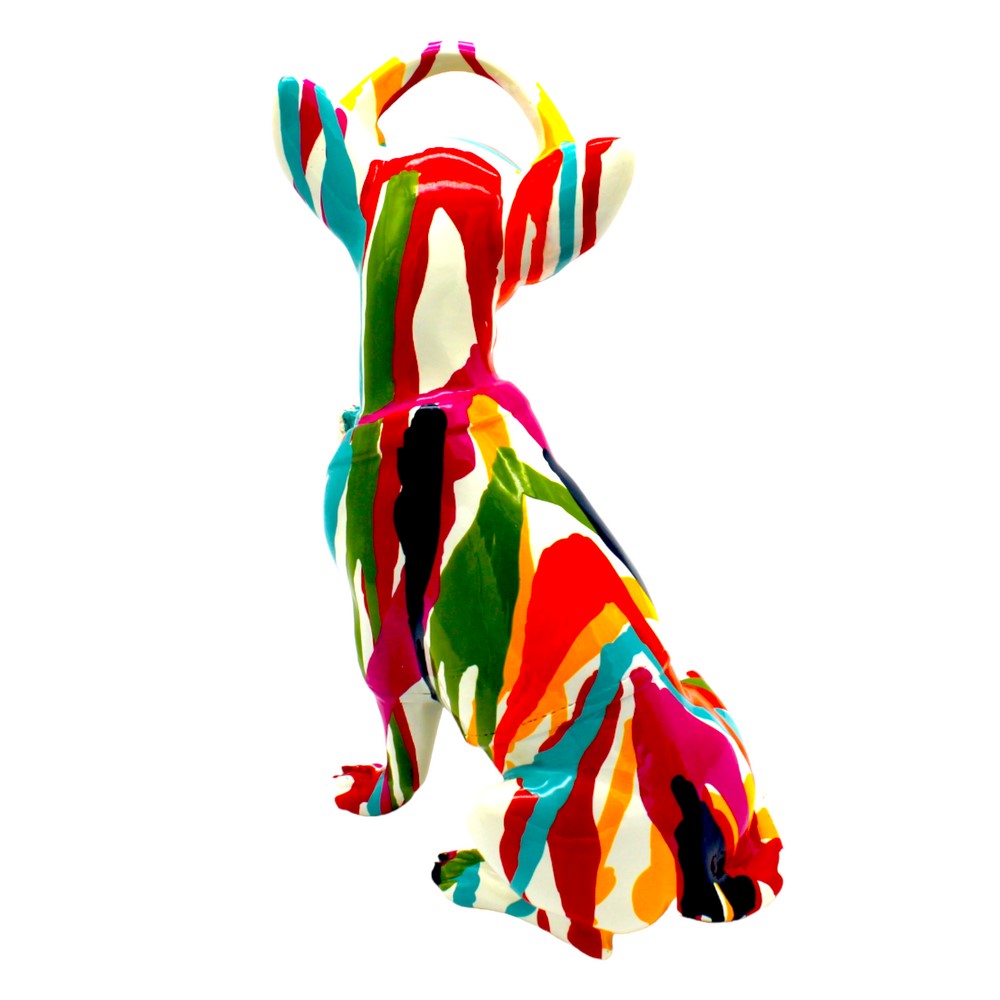 Colorful abstract dog sculpture with vibrant stripes.