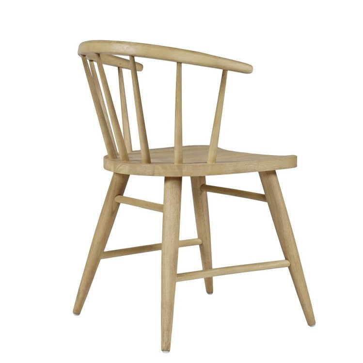 Wooden chair with curved backrest and spindle design.