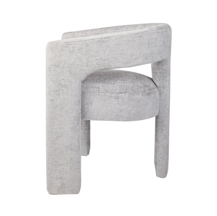 Modern gray upholstered chair with unique curved design.