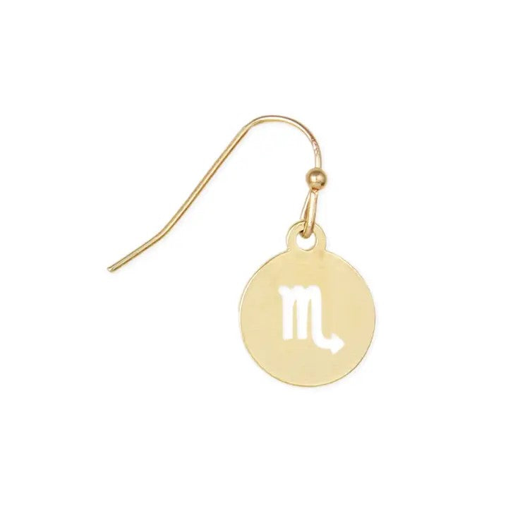 Gold earring with Scorpio symbol on a circular pendant.
