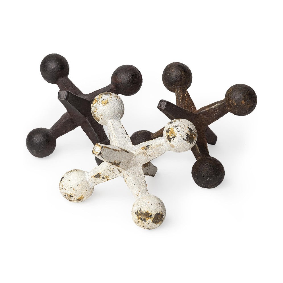 Three large, vintage-style jacks in black, white, and brown.