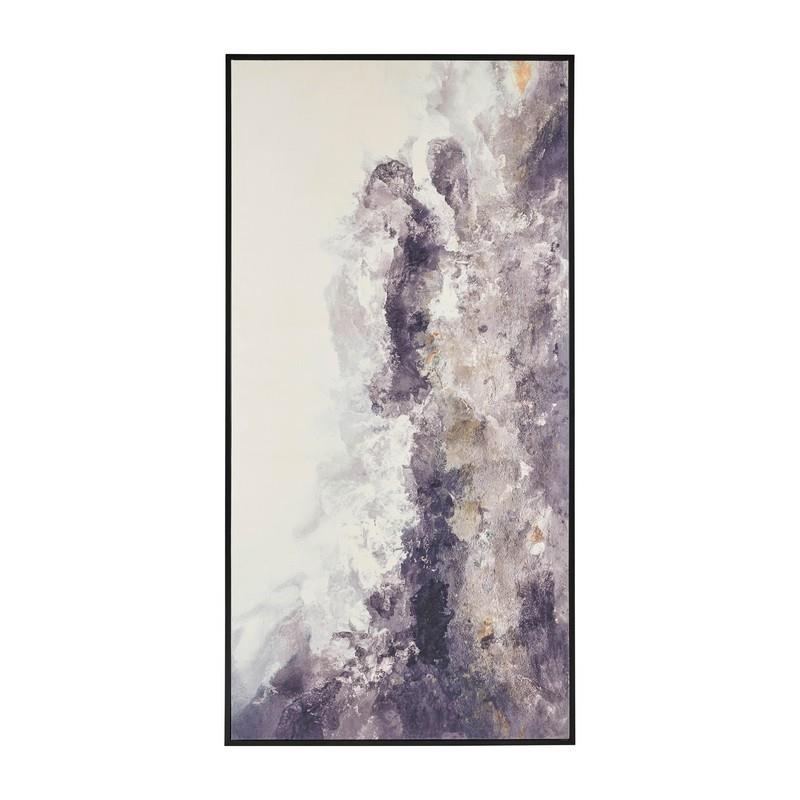 Abstract painting with purple, white, and gray textures.