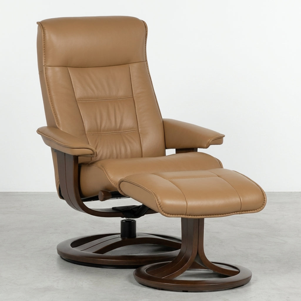 Tan recliner chair and footrest on a wooden base.