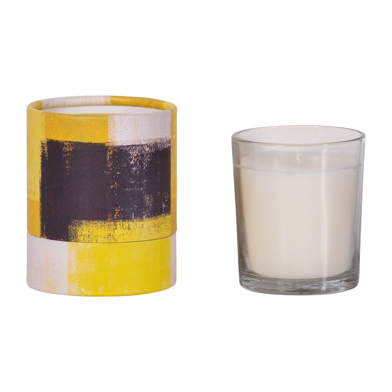 Yellow-patterned and clear glass candles.