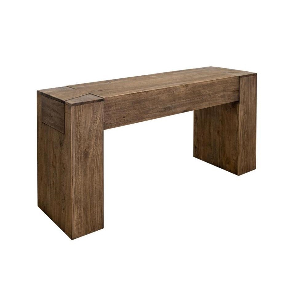 Wooden bench with a minimalist, rectangular design.