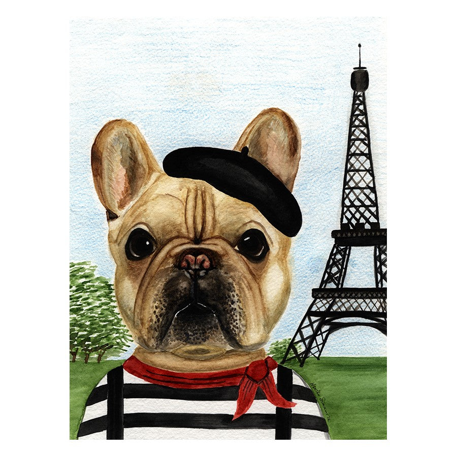 French bulldog in a beret by the Eiffel Tower.
