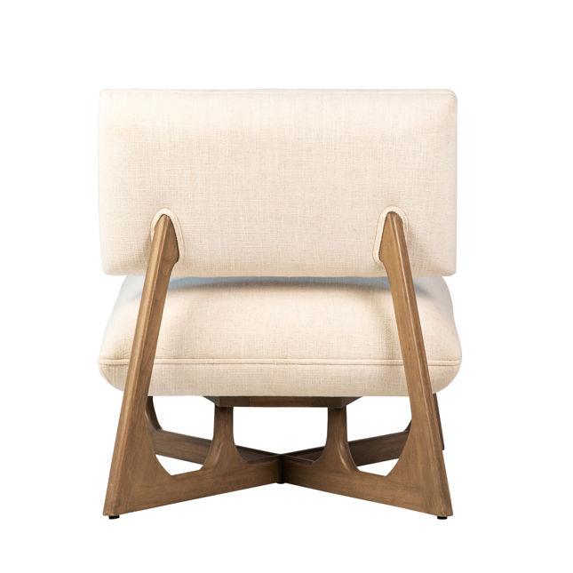 Beige chair with wooden triangular legs, rear view.