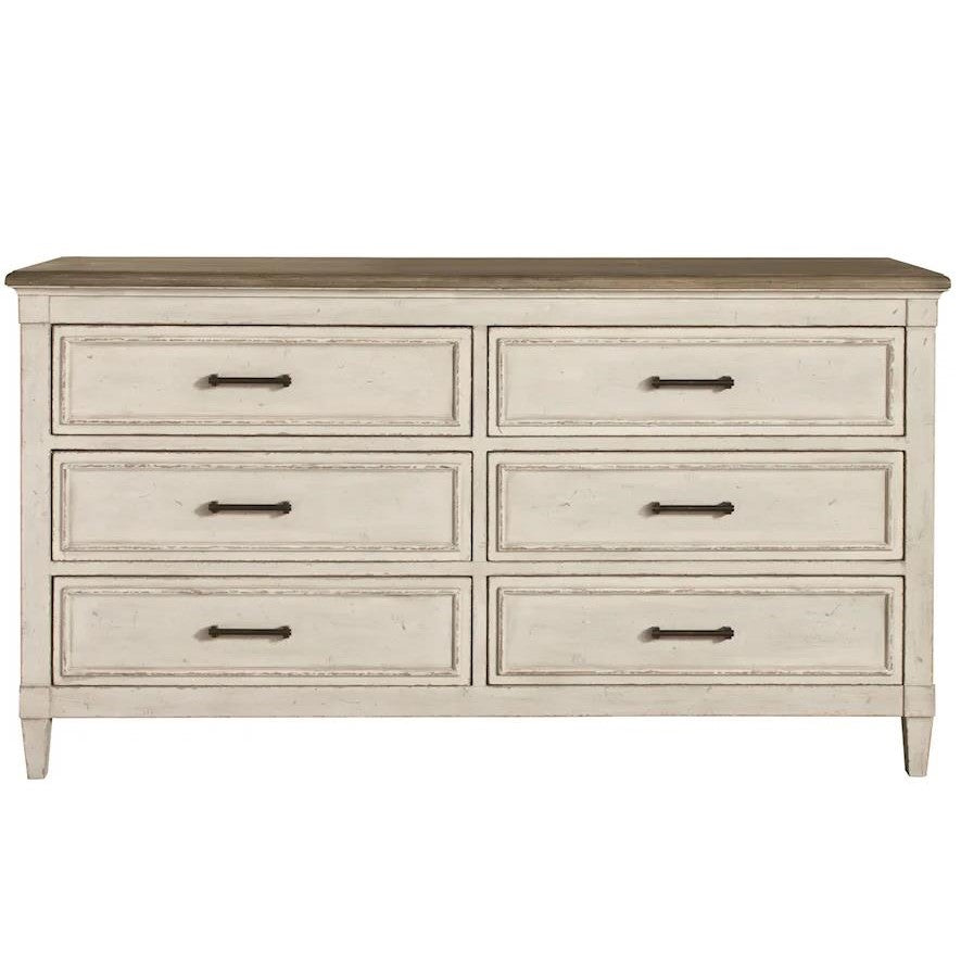 Vintage white six-drawer dresser with dark handles.