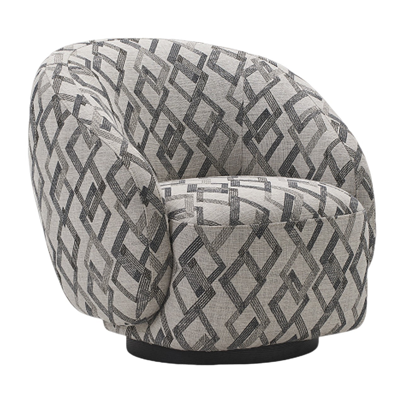 Gray patterned swivel chair with geometric design.
