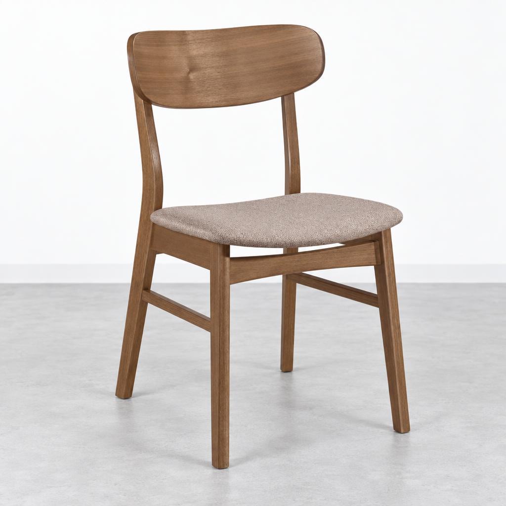 Wooden chair with curved backrest and beige cushioned seat.