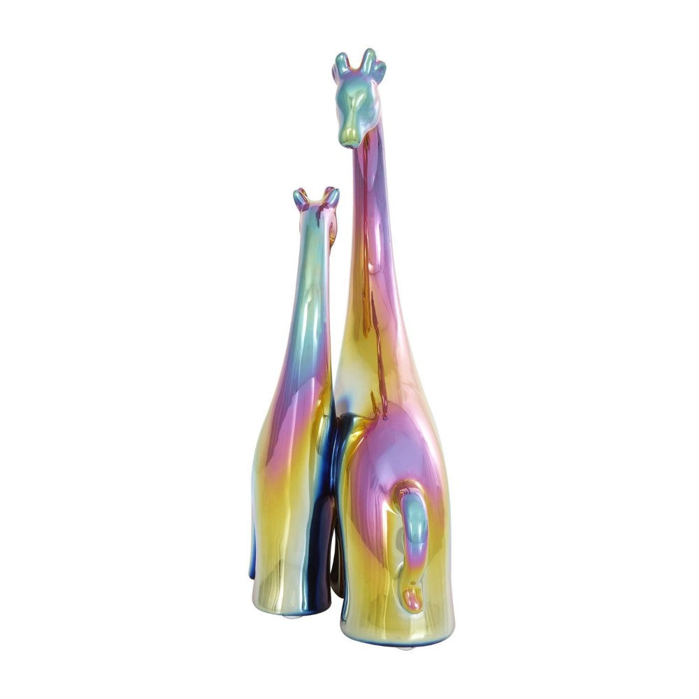 Two iridescent giraffe sculptures in vibrant colors.