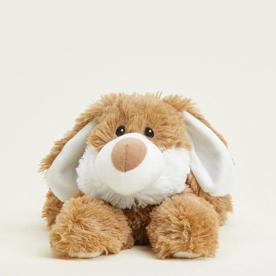 Fluffy plush dog with droopy ears on a plain background.