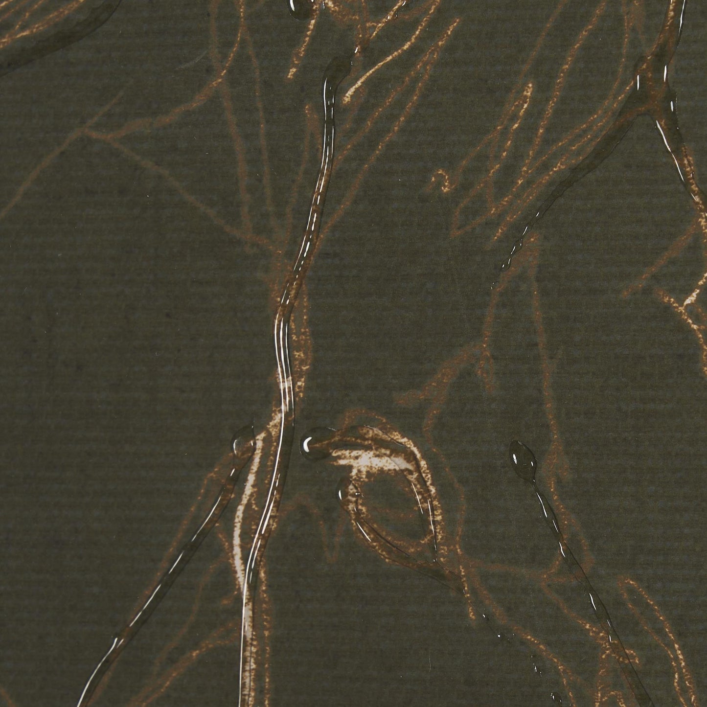 Dark abstract artwork with fluid golden streaks and subtle texture.