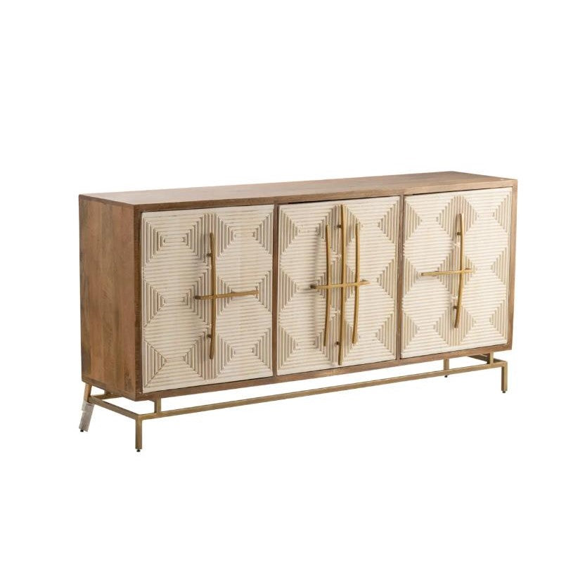 Wooden sideboard with geometric patterns and gold accents.