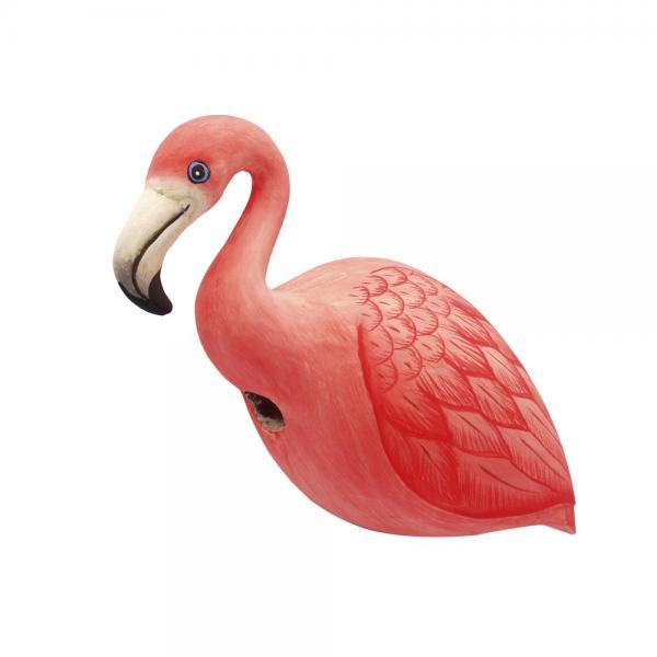 Pink plastic flamingo isolated on white background.