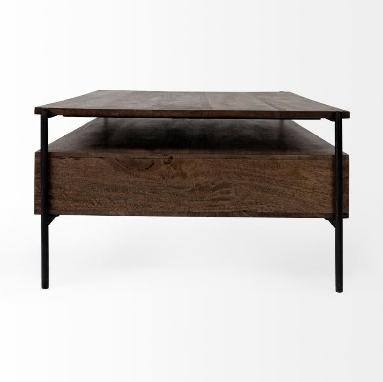 Modern wooden coffee table with metal legs, two-tier design.