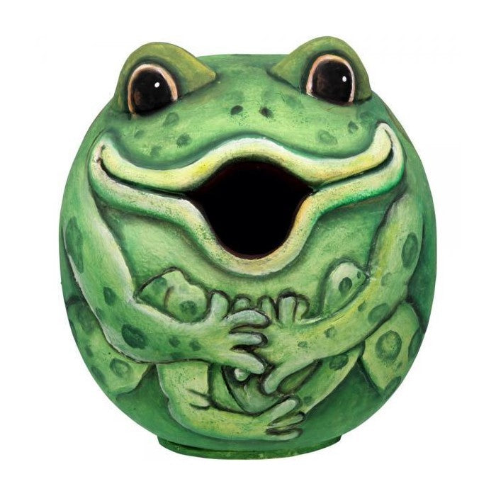 Whimsical green frog planter with wide open mouth and playful expression.