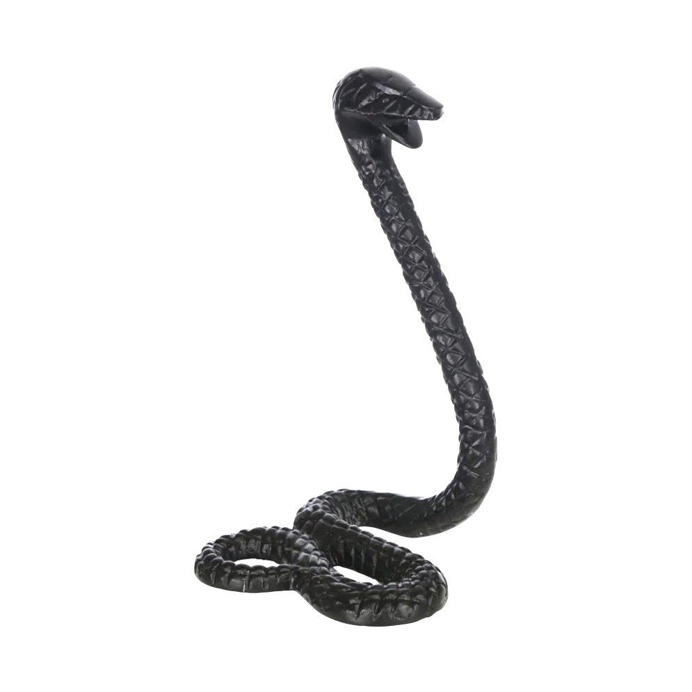 Coiled black snake with raised head on a white background.
