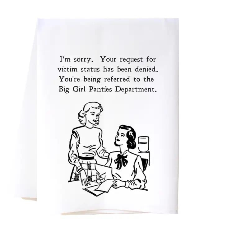 Retro illustration with humorous text about "Big Girl Panties Department."