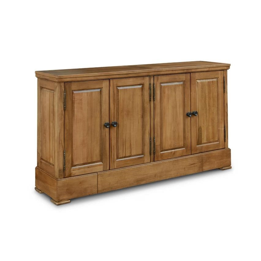 Wooden sideboard with four doors and dark knobs.